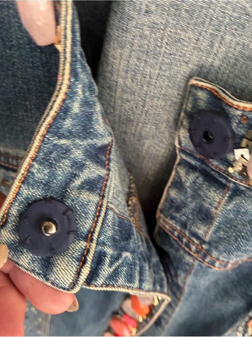 Berek Blue Denim Jacket with Coral, Red and Cream Gem Trim Layered Cottagecore - Picture 11 of 12